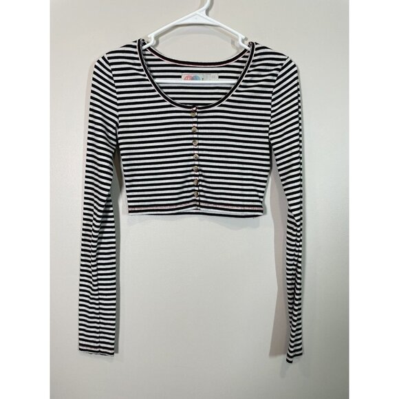 Free People Beach Striped Long Sleeve Crop Top Size XS Casual Coastal Button - Picture 1 of 7